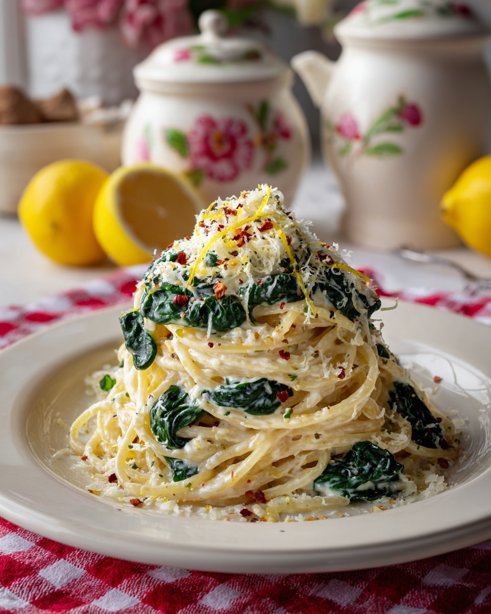 A mound of spaghetti is placed in the center of a white plate, layered with a creamy white sauce that coats the pasta evenly. Interspersed among the noodles are dark green wilted spinach leaves, adding contrast in color and texture. The top layer is sprinkled with finely grated white cheese and small bits of yellow lemon zest, along with a light dusting of red pepper flakes. The plate sits on a red and white checkered cloth, with two lemon wedges in the background. The setting includes ceramic containers with floral designs and a white marbled surface. Photo taken with an iphone --ar 4:5 --v 7
