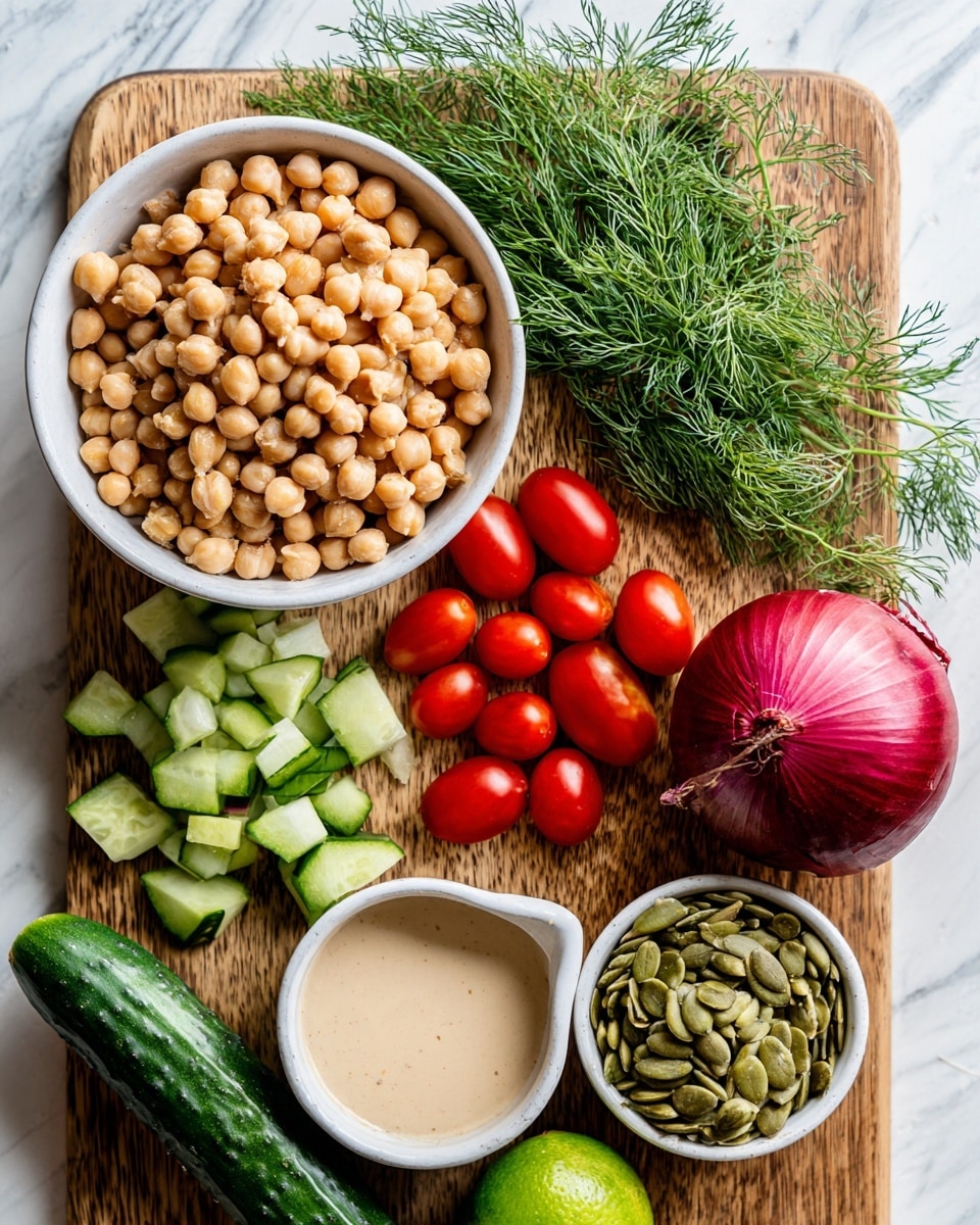 A white bowl filled with light brown chickpeas sits on the top left of a wooden board. To the right of the bowl, there is a bunch of green dill with thin leaves spreading out. Below the dill, there is a round red onion. Near the onion and dill, a cluster of small red grape tomatoes is placed. On the bottom left corner of the board, there are chopped pieces of green cucumber next to a long, whole cucumber. Below the cucumbers, a small white bowl contains a pale beige liquid, possibly dressing. At the bottom right corner of the board, there is a whole green lime and a small white bowl filled with green pumpkin seeds. The white marbled surface beneath contrasts softly with the wooden board and fresh ingredients. photo taken with an iphone --ar 4:5 --v 7