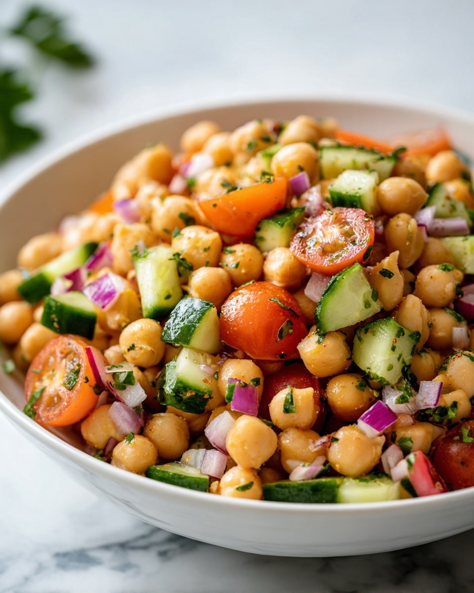 A close-up view of a white bowl filled with a fresh chickpea salad, showing one main layer made of light beige chickpeas mixed with diced green cucumber, bright red tomatoes, red onion pieces, and small bits of green herbs, all sitting on a white marbled surface with some green leaves blurred in the background, photo taken with an iphone --ar 4:5 --v 7