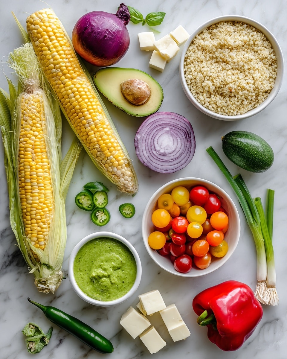 The image shows fresh ingredients spread on a white marbled surface, including two whole ears of corn with husks, one ear of corn without husk, a halved avocado with smooth green flesh, a whole cucumber with diced cucumber cubes scattered near it, two green jalapeños, a red onion cut in half showing purple rings, several cherry tomatoes in red and orange hues, a white bowl filled with colorful cherry tomatoes, a few small cubes of white cheese near a larger wedge, a bowl of green sauce with a smooth texture, green herbs like basil and cilantro, three green onions with white bulbs, a red bell pepper, and a white bowl filled with cooked quinoa. photo taken with an iphone --ar 4:5 --v 7