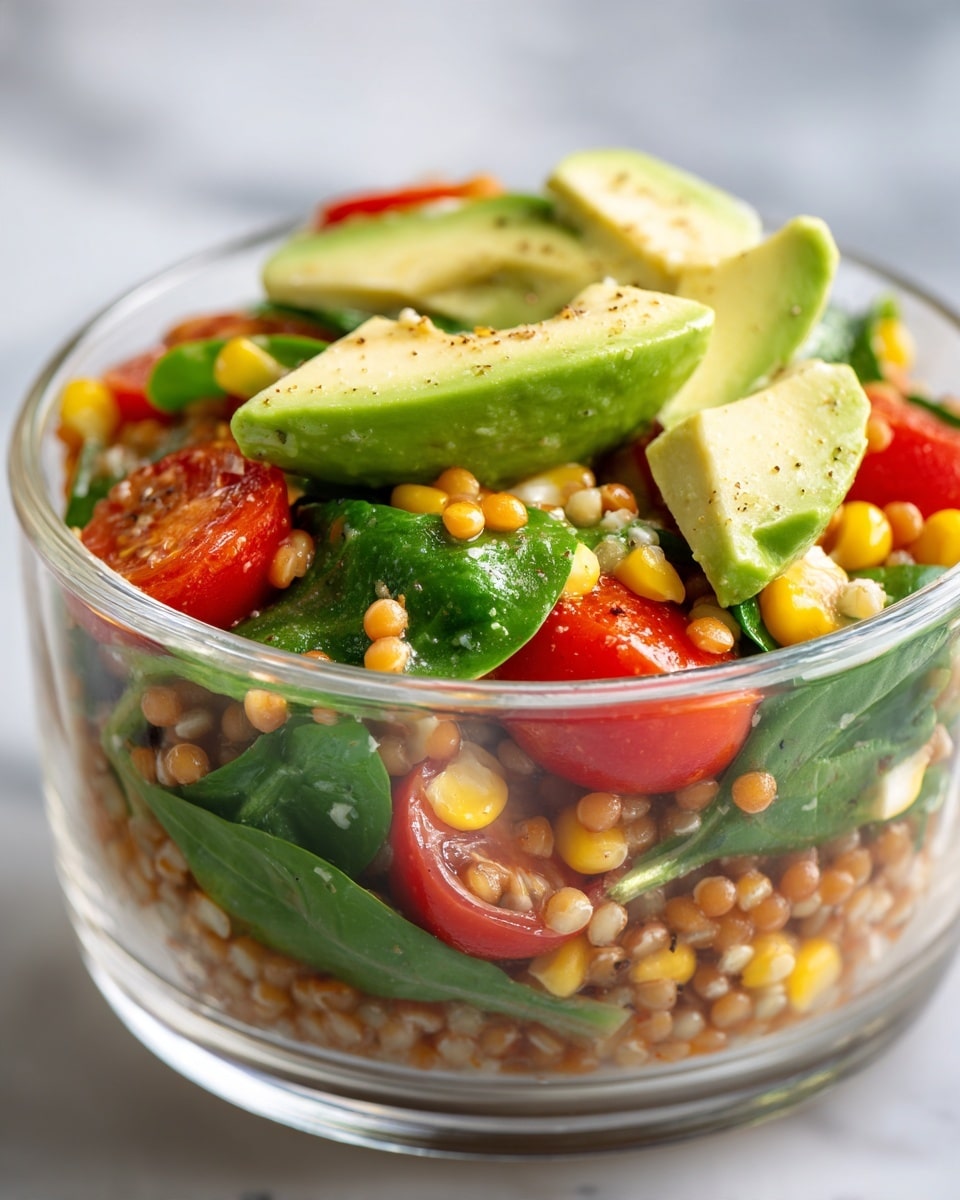 A clear glass bowl holds a layered salad with a base of small, round, light brown grains mixed with bright yellow corn kernels and vibrant red cherry tomatoes. Fresh green spinach leaves are scattered throughout, and on top are several thick slices of avocado, light green with a soft texture, slightly coated with grains. The bowl sits on a white marbled surface, and the close-up view shows the different colors and textures blending together. photo taken with an iphone --ar 4:5 --v 7