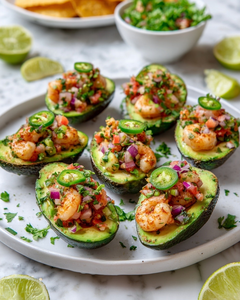 A white plate holds seven avocado halves with bright green skin and light green flesh as the base layer. Each avocado half is filled with a colorful mix of chopped shrimp, red tomato pieces, and small slices of green jalapeño, adding shades of pink, red, and dark green. The shrimp look lightly cooked with a slightly brown color, and the topping is mixed with fresh green herbs and microgreens sprinkled evenly on top. Around the plate, on a white marbled surface, there are lime wedges, a small white bowl of green salad, and some tortilla chips visible in the background. photo taken with an iphone --ar 4:5 --v 7
