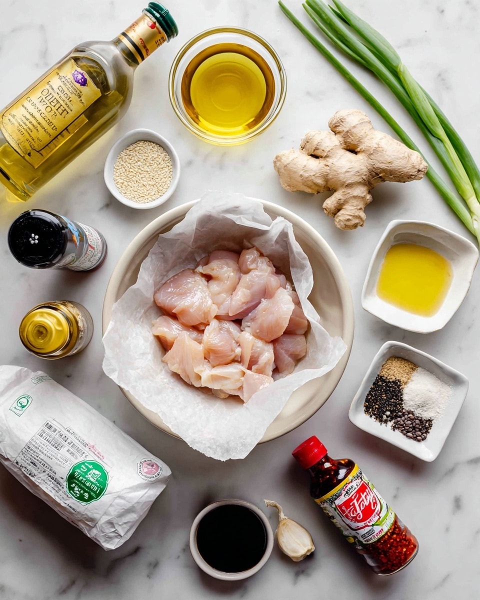 A white bowl lined with parchment paper holds pieces of raw light pink chicken in the center. Around the bowl, there are small white dishes and bottles arranged neatly on a white marbled surface. At the top left, there is a bottle of light yellow rice vinegar, next to a small dish filled with light yellow oil and another dish with thick yellow sauce. Nearby are two clear spice containers labeled garlic powder and onion powder. Above the bowl sits a knobby piece of fresh ginger. To the right, green onion stalks peek out, along with a small dish of white sesame seeds and a clove of garlic. Below these, a square dish with black and white pepper sits next to a bottle of dark soy sauce with a green label. On the lower left, there is a white bag of cornstarch, a bottle of sweet chili sauce with a red cap, and spice bottles labeled crushed red pepper and paprika. A woman’s hand is partly visible arranging the ingredients. Photo taken with an iphone --ar 4:5 --v 7