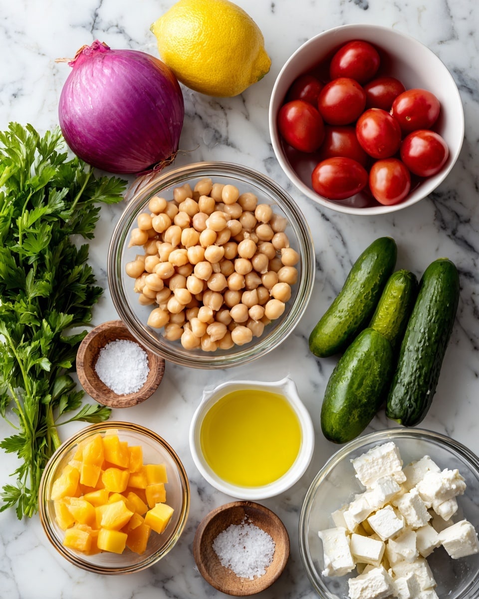 The image shows a top-down view of several bowls and fresh ingredients arranged neatly on a white marbled surface. In the center is a clear glass bowl filled with light beige chickpeas, surrounded by a small white bowl of bright yellow olive oil to the right, and a small white bowl with yellow-orange liquid, possibly lemon juice, below that. To the upper right, a white bowl holds red grape tomatoes. A small wooden bowl with salt sits near the tomatoes. At the upper left, there is a whole purple onion and a whole lemon, with three green cucumbers placed diagonally nearby. Below the onion is a small clear bowl with orange diced pieces, and to the left of the chickpeas, a clear bowl contains white feta cheese chunks. Fresh green parsley lies at the bottom left of the frame. photo taken with an iphone --ar 4:5 --v 7