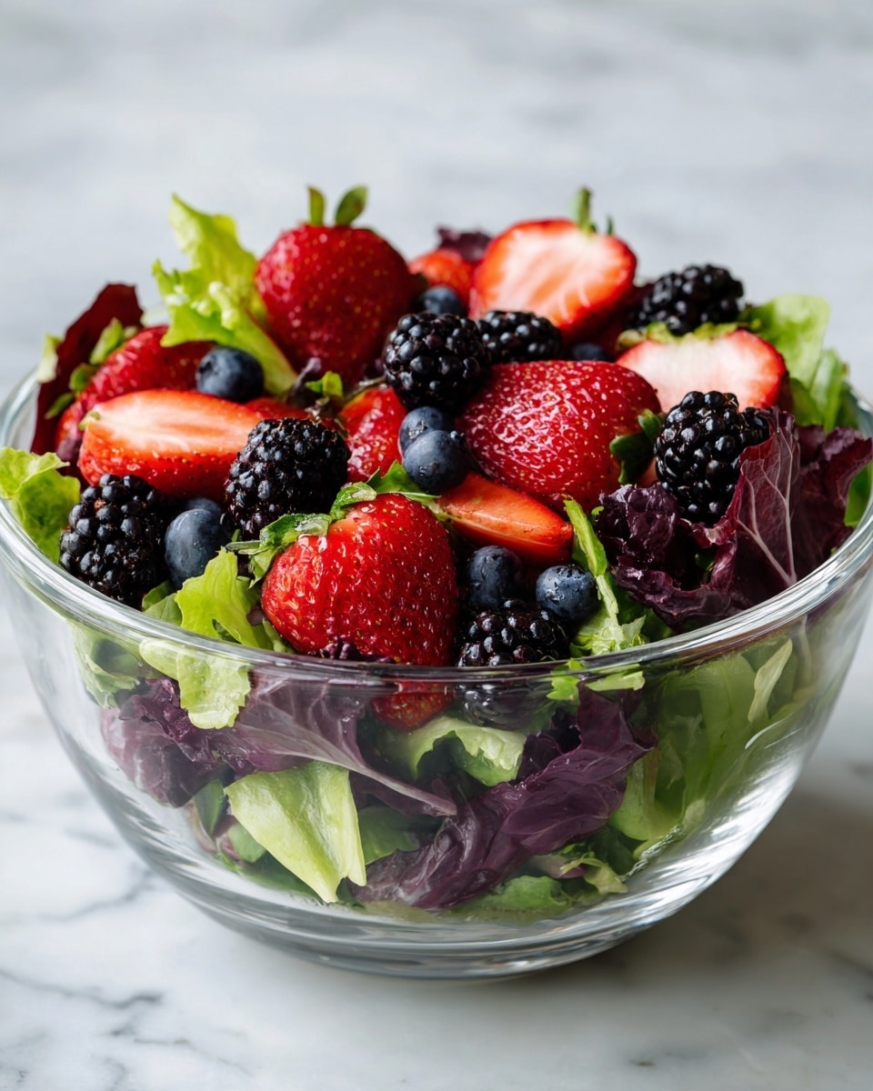 A clear glass bowl sits on a white marbled surface filled with a fresh salad showing three layers: the base layer has mixed green and purple lettuce leaves with a soft, leafy texture; the middle and top layers are covered with bright red strawberries, some whole with green stems and others sliced to show a juicy red inside; mixed around and on top are deep purple-black blackberries with bumpy textures and small dark blue blueberries with smooth skins. Photo taken with an iphone --ar 4:5 --v 7