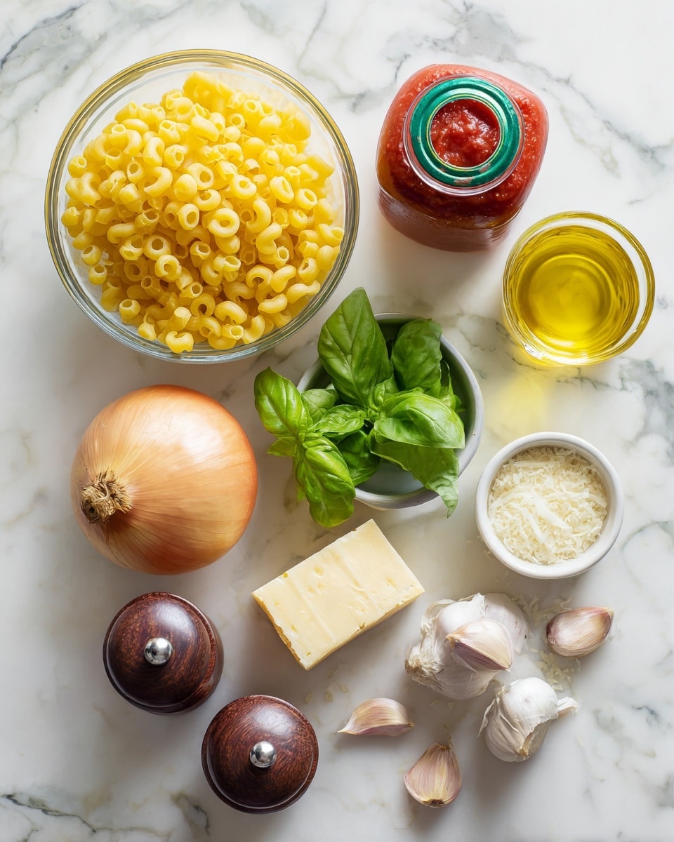 A top-down view of cooking ingredients laid out on a white marbled surface, featuring a clear glass bowl filled with bright yellow pasta pieces on the left. Below it, a whole light brown onion sits next to a red jar of tomato sauce with a green lid. In the center, a small white bowl holds fresh green basil leaves, with a chunk of pale yellow cheese above it and a small glass container filled with golden olive oil next to the cheese. To the right, two shiny purple eggplants lie side by side near a pair of wooden salt and pepper grinders. Near the center of the arrangement, three peeled garlic cloves are visible. photo taken with an iphone --ar 4:5 --v 7