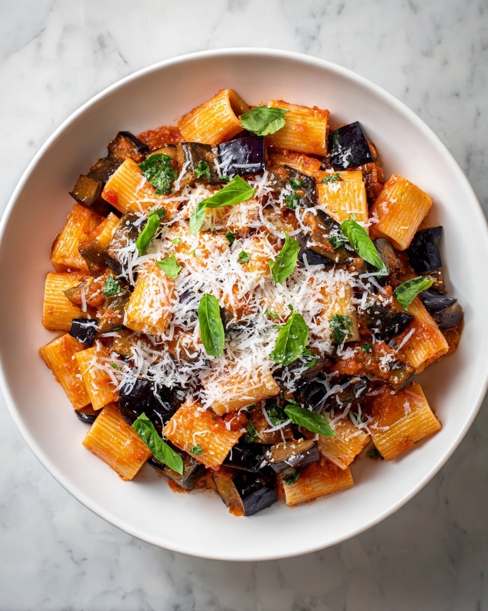 A white bowl sits on a white marbled surface holding a colorful pasta dish. The bottom layer has rigatoni pasta in a light orange-red tomato sauce. Mixed in are medium-sized cubes of dark purple eggplant with some charred edges. On top of the pasta and eggplant, green basil leaves are scattered, adding fresh color. The very top layer has a generous sprinkle of finely shredded white cheese. Photo taken with an iphone --ar 4:5 --v 7