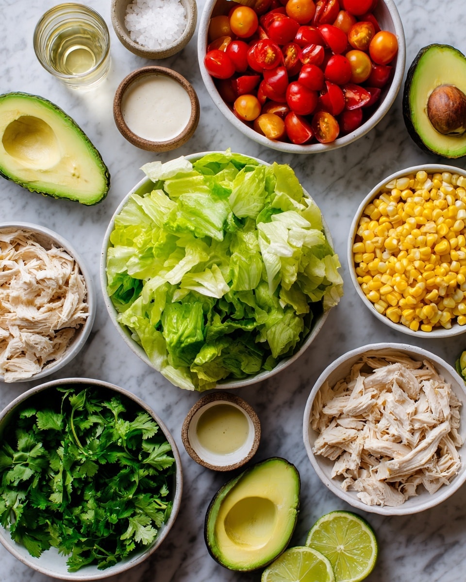 The image shows several white bowls on a white marbled surface, each filled with different fresh ingredients. In the center, there is a bowl filled with green lettuce leaves with a crisp texture. Surrounding it are bowls with bright yellow corn kernels, shiny red halved cherry tomatoes, light green chopped cilantro, and shredded light brown chicken. Next to these are small dishes with white sauce, white salt, and pale yellow liquid. There are also lime wedges and two halved avocados showing a smooth green inside with a brown seed. The layout is neat and colorful, highlighting the freshness of all ingredients. photo taken with an iphone --ar 4:5 --v 7