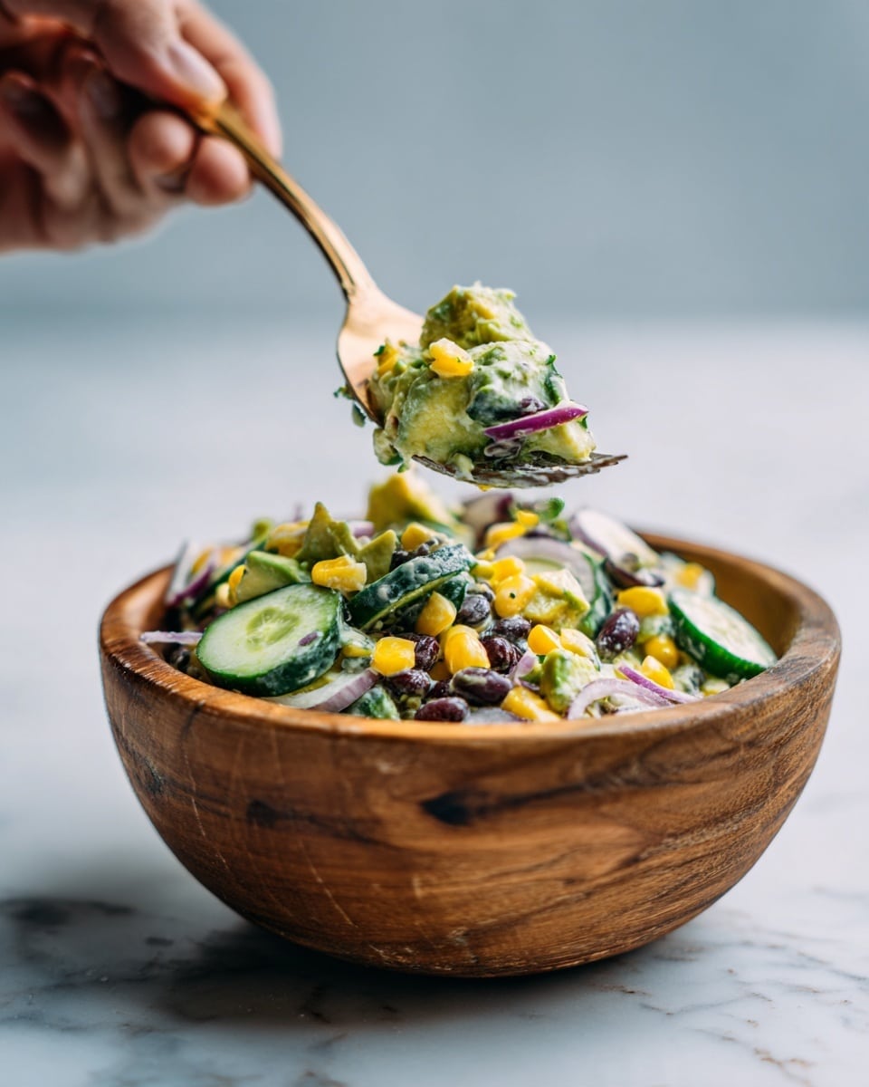 A close-up of a wooden bowl filled with a creamy salad showing layers of light green avocado, dark green cucumber slices, yellow corn kernels, black beans, and thin purple onion strips mixed together. A fork lifts a portion of the salad above the bowl, displaying the mixture’s mixed textures and colors against a white marbled surface background. A woman's hand holds the fork, bringing the salad closer to the camera. photo taken with an iphone --ar 4:5 --v 7