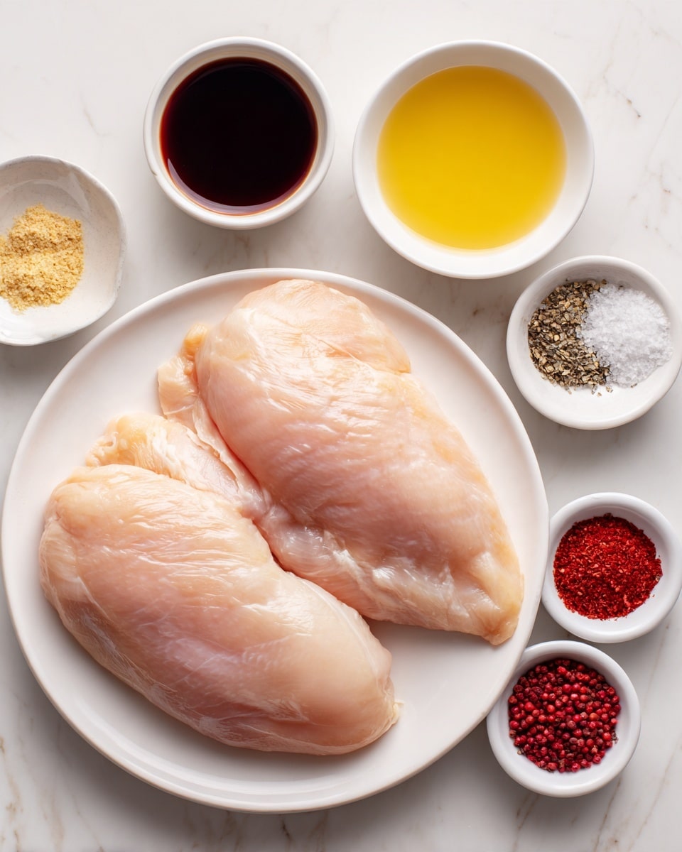 The image shows a white plate with two large raw chicken breasts placed side by side. Around the plate, on a white marbled surface, there are five small white dishes arranged neatly; one bowl holds a dark thick sauce, another contains a light yellow liquid, and three smaller dishes have spices and salt, including black pepper, red chili powder, and coarse salt. A woman's hand is gently holding the edge of the plate from the left side. photo taken with an iphone --ar 4:5 --v 7