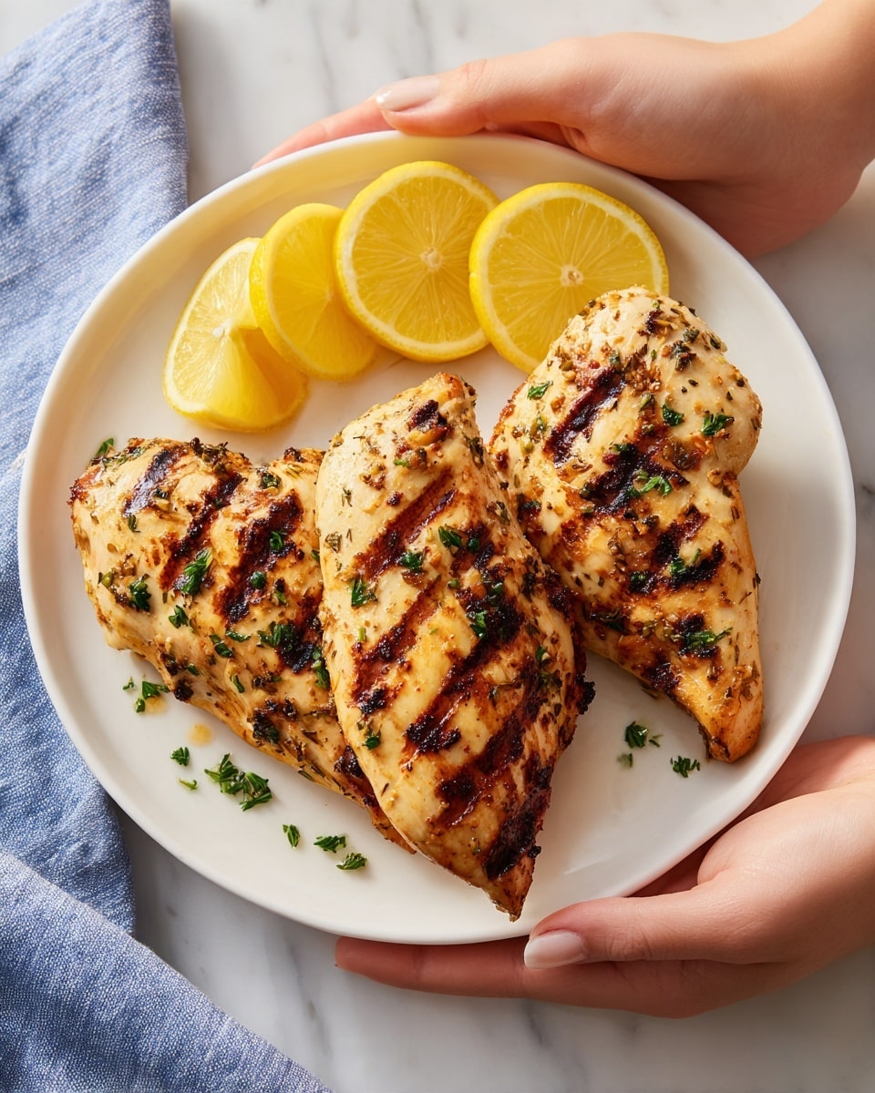 The image shows three grilled chicken pieces with clear char marks and grill lines, placed on a white plate. The chicken is golden brown with darker spots from grilling and sprinkled with green herb bits on top. To the side of the chicken, there are three bright yellow lemon slices arranged in a curved line. The plate sits on a white marbled surface with part of a blue and white cloth visible in the background. A woman’s hand is gently holding the edge of the plate. photo taken with an iphone --ar 4:5 --v 7