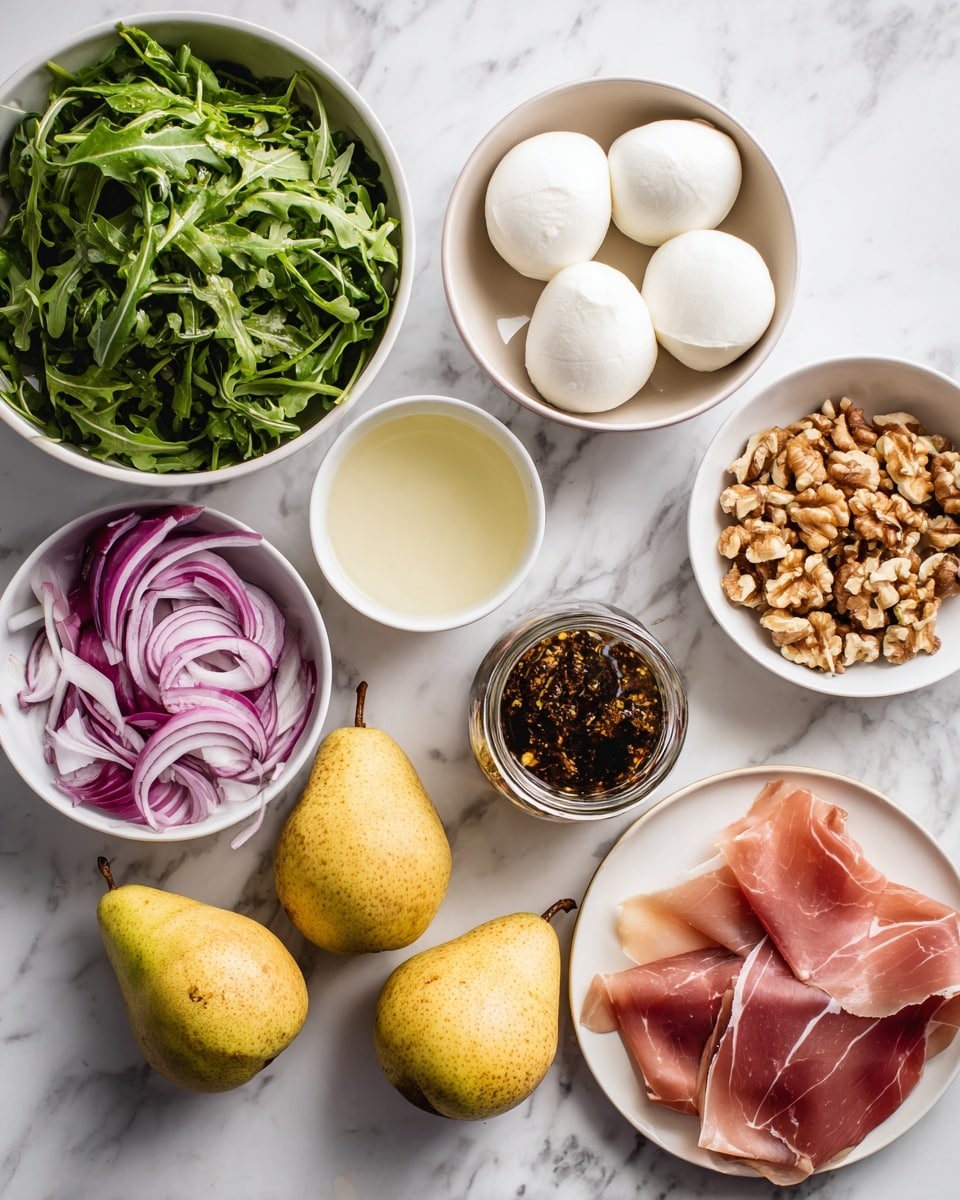 The image shows an overhead view of several ingredients placed on a white marbled surface. There is one large white bowl filled with fresh green arugula leaves on the left side. Next to it, a small white bowl holds thinly sliced purple onions. In the center, two white balls of mozzarella cheese sit in a small white bowl with some liquid. To the right, a small white bowl is filled with roughly chopped walnuts. Below that, a glass jar contains a dark mustard-like dressing or sauce. Three yellow pears are placed close together in the middle. In the bottom right corner, thin slices of pink prosciutto are arranged on a small white plate. The photo taken with an iphone --ar 4:5 --v 7