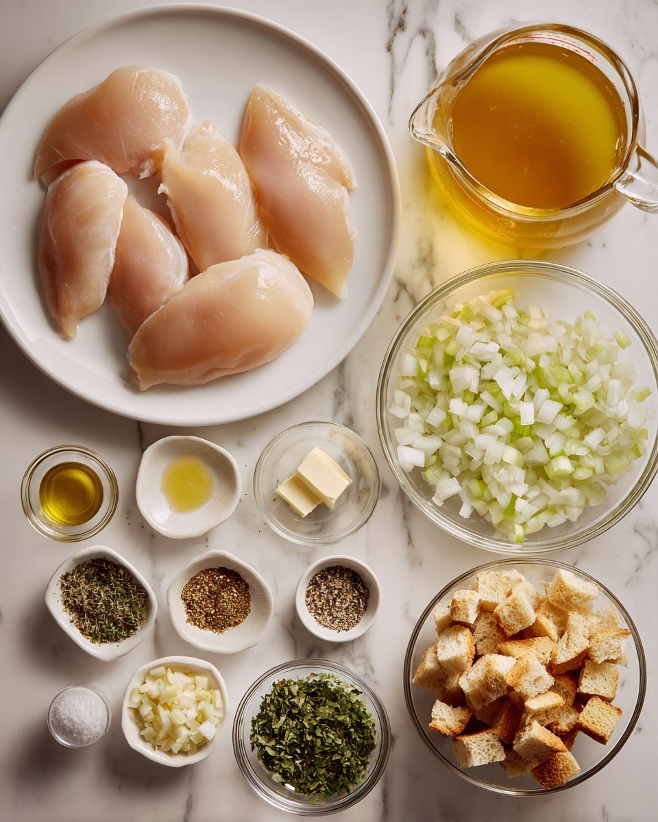 The image shows an arrangement of raw cooking ingredients on a white marbled surface. At the center left, four large, pale pink chicken fillets sit on a white round plate, smooth and fresh. Above them, to the top center, is a glass measuring cup filled with golden yellow broth. To the right of the broth, a clear glass bowl holds chopped white onions with a slightly translucent look. Below that, two small white square dishes display various chopped herbs, spices, and a pat of butter, with colors including green, brown, and beige. At the bottom center, a clear glass bowl contains toasted, golden-brown bread cubes with a rough texture. Scattered around are small amount of minced garlic, light yellow cheese, green celery slices, yellow oil, and small bowls of white and black salt and pepper mix. photo taken with an iphone --ar 4:5 --v 7