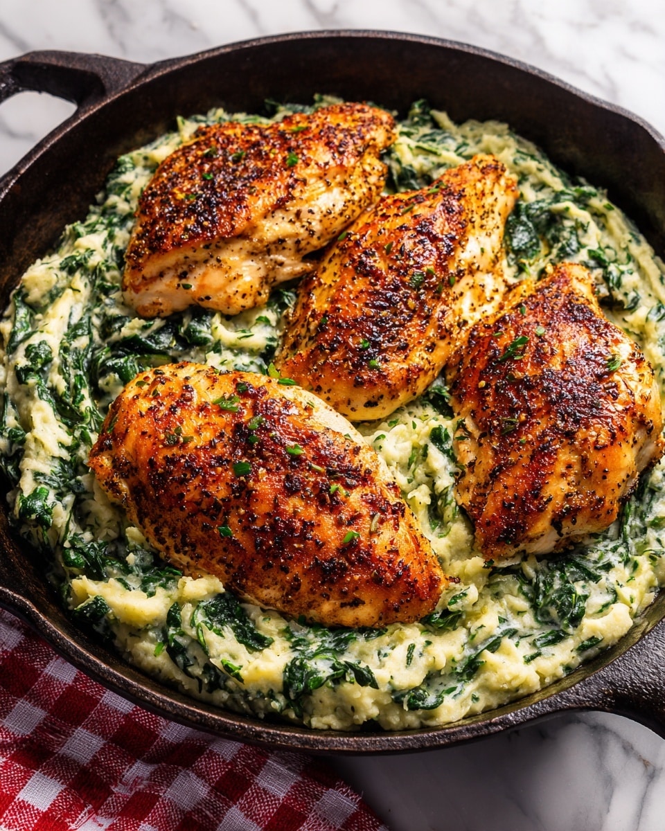 In this image, three golden brown chicken breasts with a peppery crust sit atop a bed of creamy green spinach mash inside a black cast iron skillet. The chicken pieces are arranged evenly in the pan, resting on the textured mash that appears smooth with small leafy bits visible. The skillet is placed on a white marble texture surface with a folded red and white checkered cloth partially underneath. The lighting highlights the juicy look of the chicken and the softness of the mashed spinach. Photo taken with an iphone --ar 4:5 --v 7