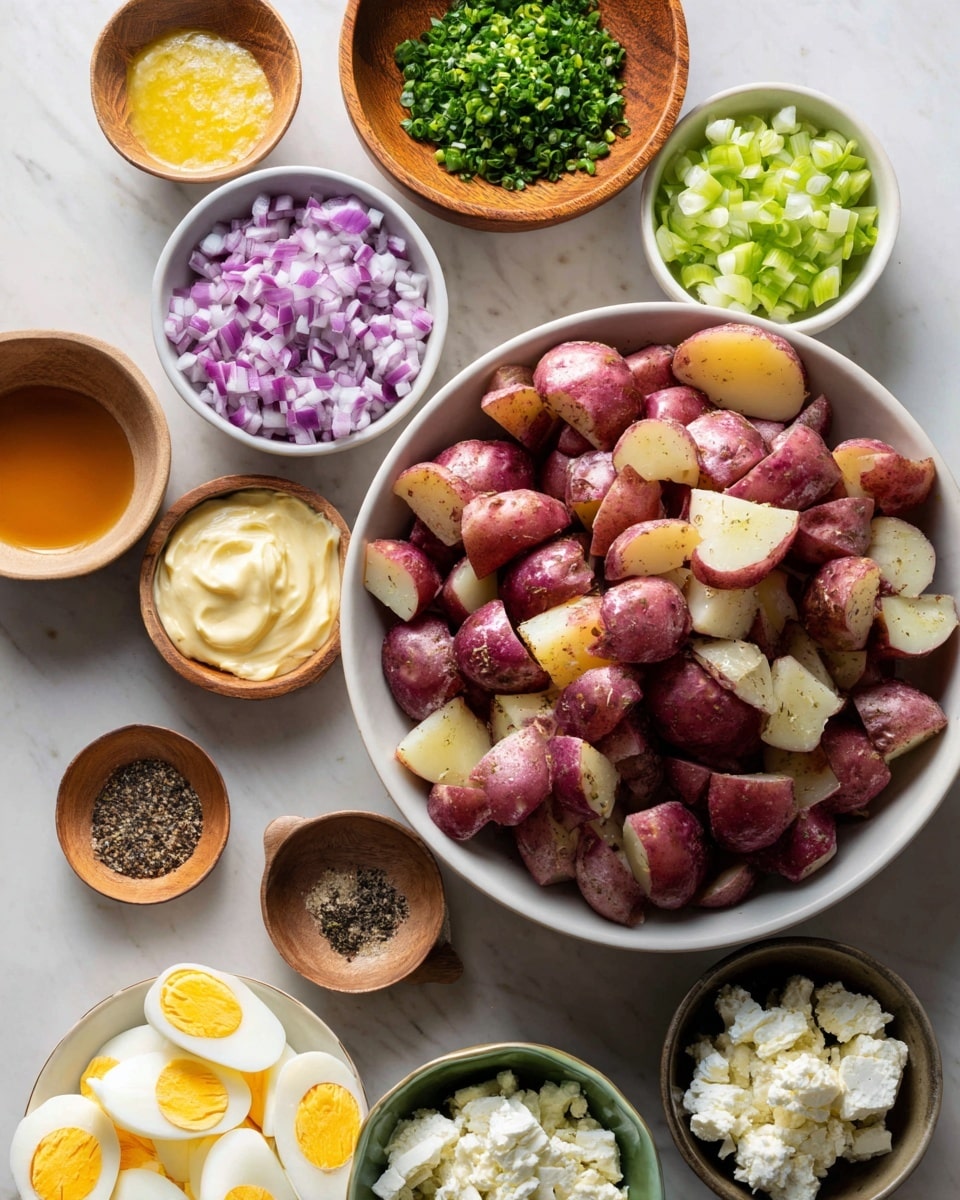 A large white bowl filled with halved red potatoes is in the center, surrounded by smaller white bowls and a couple of wooden bowls with various ingredients. Clockwise on the white marbled surface: a wooden bowl with chopped green herbs, a small white bowl with a dollop of creamy pale yellow sauce, a small wooden bowl with finely chopped purple onions, a small white bowl with diced green celery, a small white bowl with a mixture of black and white pepper, a small white bowl with amber-colored liquid, a white bowl filled with chopped boiled eggs, and a small green bowl with white cottage cheese or a similar soft cheese. photo taken with an iphone --ar 4:5 --v 7