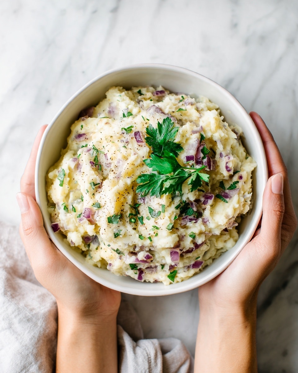 A white bowl filled with creamy mashed potatoes mixed with small pieces of red onion and green herbs, giving the dish a speckled look of purple and green on a soft yellow-white base, topped with a sprig of fresh green parsley and light specks of black pepper, held by two woman's hands against a white marbled surface in the background photo taken with an iphone --ar 4:5 --v 7