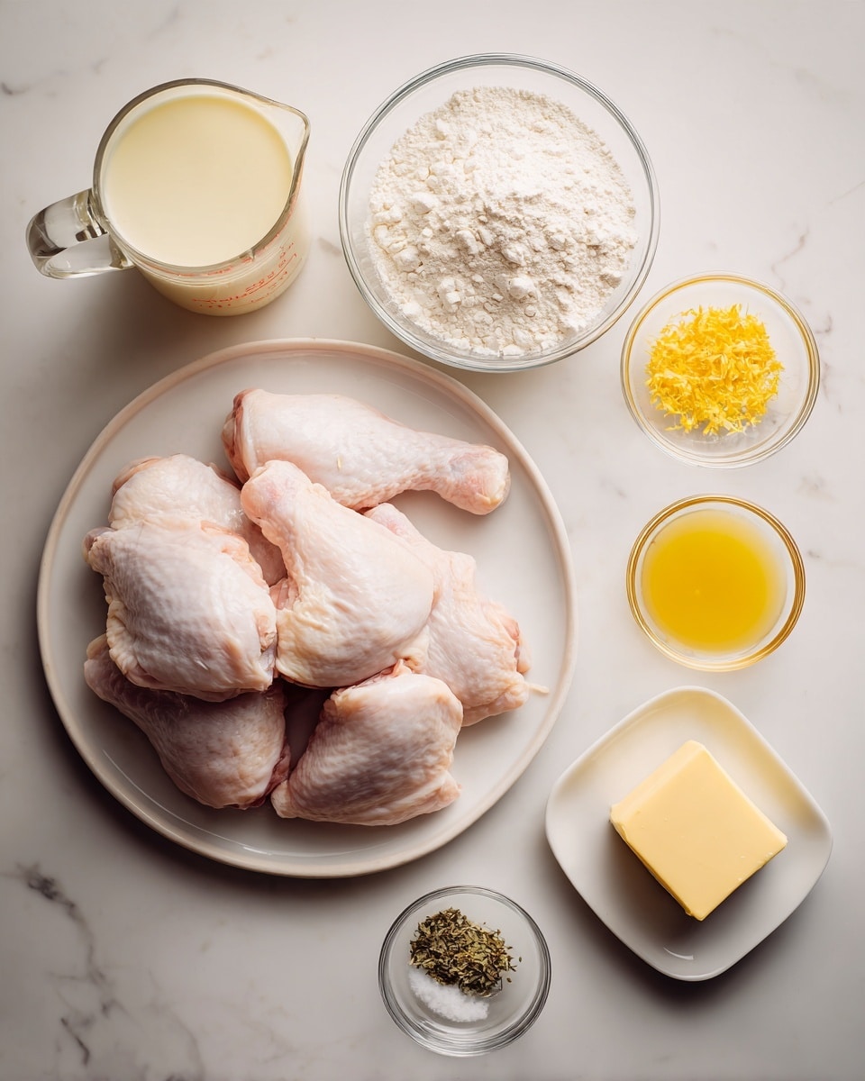 The image shows raw, light pink chicken pieces placed on a round white plate in the bottom left corner, forming a loose pile with visible fat patches. Above and to the right, there are six small glass bowls and dishes arranged neatly on a white marbled surface. The top left bowl is a transparent measuring jug filled with pale yellow liquid, next to it is a small glass bowl filled with white flour that has a slightly rough texture. Below the flour is a bowl containing white milk. To the right of the flour is a small white bowl with a golden yellow liquid, and below that is a small glass bowl with finely chopped yellow zest. Next to that is a glass bowl with a mix of black pepper, salt, and dried herbs. At the bottom right, there is a square white dish holding a small block of smooth yellow butter. The setup is clean and all containers are sleek and clear, displayed on a soft white marbled surface. photo taken with an iphone --ar 4:5 --v 7