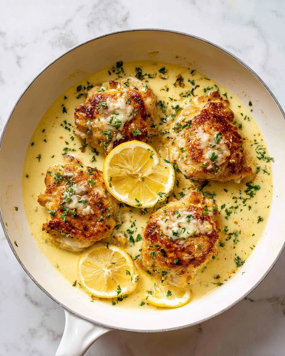 The image shows a white pan with four golden brown cooked chicken pieces in a creamy light yellow sauce. The chicken pieces have a slightly crispy texture with some white creamy spots on top. Small green herb bits are sprinkled around the chicken and sauce. Two lemon wedges sit on the sauce near the chicken, adding a bright yellow color. The pan is sitting on a white marbled surface. Photo taken with an iphone --ar 4:5 --v 7