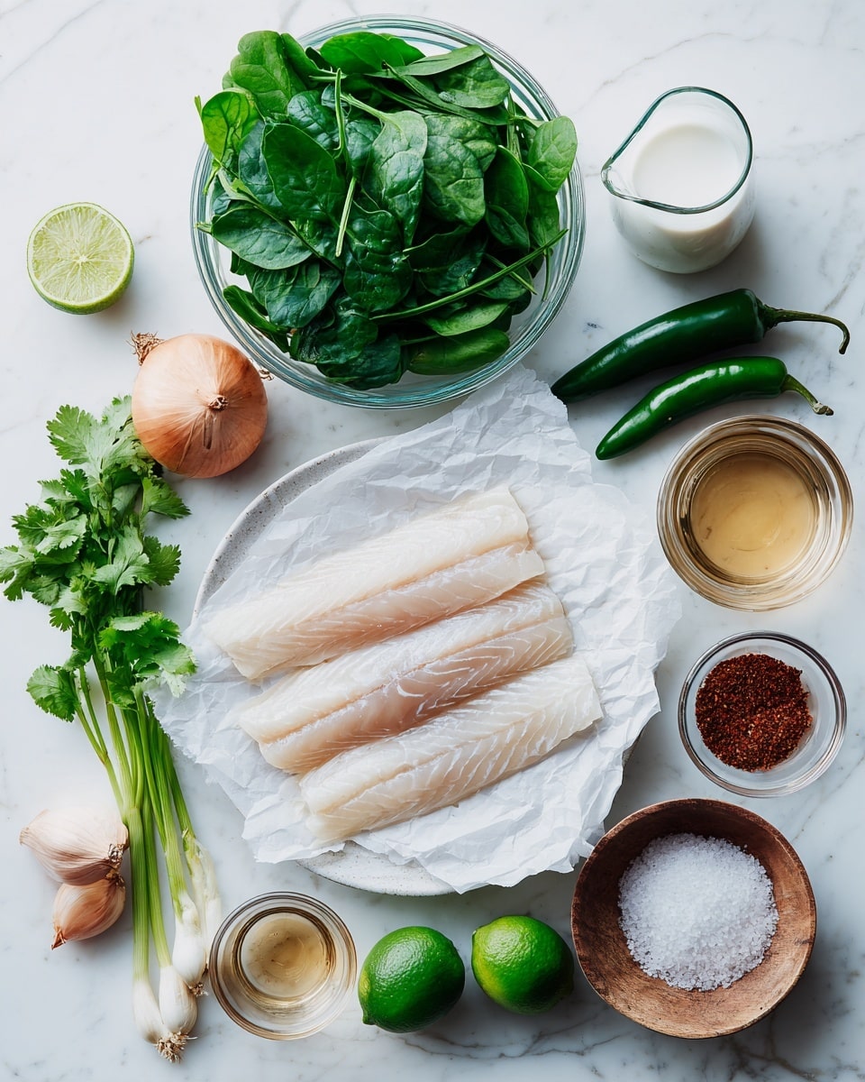 The image shows ingredients neatly arranged on a white marbled surface. At the center, there is a white plate holding three pale, raw fillets of fish layered on crumpled white paper. Above the plate is a clear glass bowl filled with fresh, dark green spinach leaves. Around the plate are several other items: two whole green chili peppers to the right, a small white pitcher with milk-like liquid, a transparent glass bowl with light brown broth, and a small wooden bowl filled with coarse salt at the bottom right. To the left side, there are two light brown shallots, a bunch of green onions with their long green stalks visible, a dark green lime, a small glass bowl of oil, and another small bowl containing reddish spice powder. In the bottom left corner, there is a bunch of fresh cilantro with bright green leaves. The scene is well-lit and clean, with all ingredients set out as if ready for cooking. Photo taken with an iphone --ar 4:5 --v 7