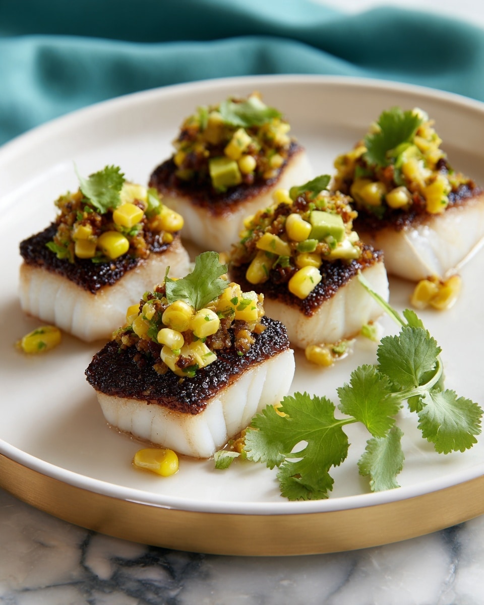 The dish shows six pieces of grilled fish, each with a dark brown, slightly crispy outer layer and white tender inside, arranged in two rows on a white plate. On top of the fish pieces, there is a chunky topping made of yellow corn kernels and green avocado chunks mixed with small bits of light green herbs, adding a fresh and colorful contrast. A small sprig of cilantro is placed beside the topping for garnish. The plate is set on a white marbled surface with a hint of a teal cloth in the background. Photo taken with an iphone --ar 4:5 --v 7