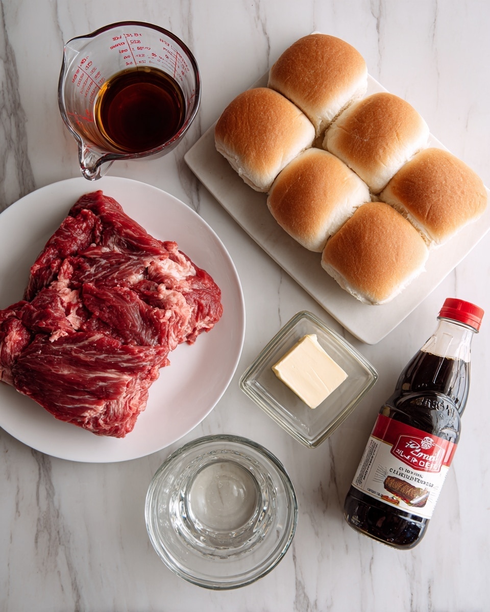 The image shows ingredients for a meal arranged on a white marbled surface. On the left, a large piece of raw red meat with visible texture sits on a white plate. Above the meat, there is a clear glass measuring cup with brown liquid. To the right, there are six light brown sandwich rolls with a soft inside and a split top. Near the center, a small square of pale yellow butter is in a clear glass dish. Below the butter is a dark brown bottle with a red and white label. At the bottom right, a red and white can of French Onion soup is placed on the surface. Photo taken with an iphone --ar 4:5 --v 7