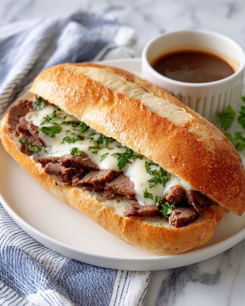 A sandwich on a soft, golden brown hoagie roll is open to show the inside layers. The bottom layer is melted white cheese, topped with thick, juicy slices of browned meat sprinkled with fresh green herbs. The top inside of the roll is soft and slightly glossy. Next to the sandwich is a small white sauce cup with brown dipping sauce. The plate is white, set on a white marbled surface with a blue and white striped cloth under it. Photo taken with an iphone --ar 4:5 --v 7