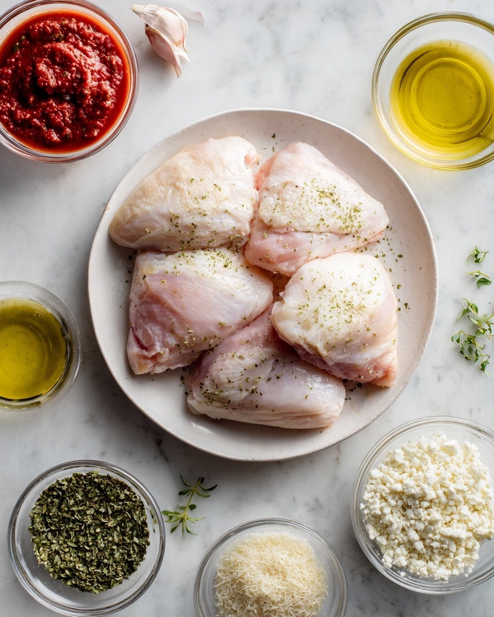The image shows a white plate in the center with five raw chicken pieces arranged in a circle. Around the plate, there are small clear bowls holding different ingredients, such as red sauce, yellow olive oil, white grains, green herbs, and white crumbly cheese. The bowls are placed on a white marbled surface, creating a clean and fresh look. A woman's hand is slightly visible, reaching towards one of the bowls. The colors are soft and natural, with the green herbs and red sauce adding bright spots to the neutral tones. Photo taken with an iphone --ar 4:5 --v 7