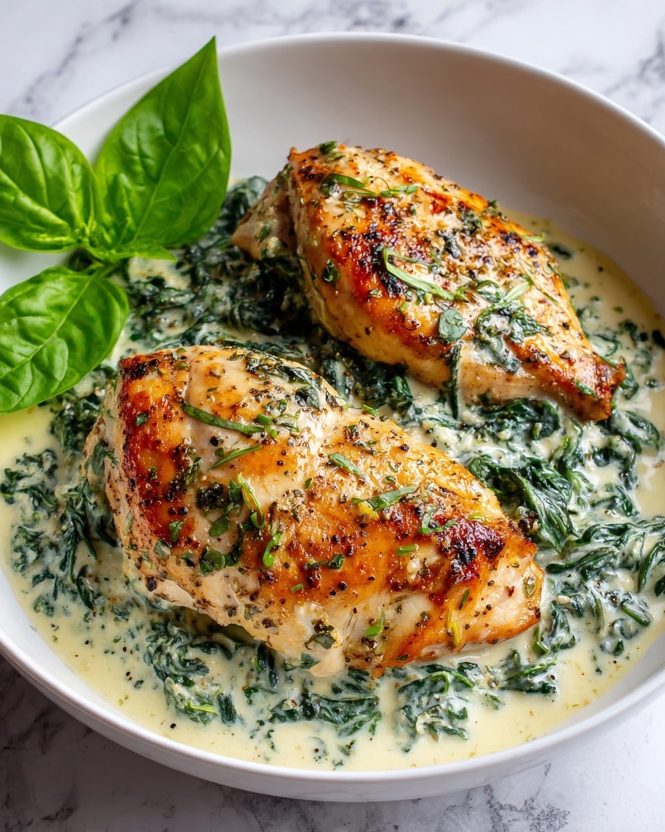 The image shows two golden brown cooked chicken pieces placed on top of a creamy green spinach sauce in a white plate. The chicken pieces have a light, crispy texture with some specks of herbs sprinkled evenly on top. The spinach sauce beneath is thick and smooth with bits of spinach visible, giving it a fresh green texture that fills the base of the plate. A bright green leaf is placed on the left side, adding a pop of color. The background is a white marbled surface. Photo taken with an iphone --ar 4:5 --v 7