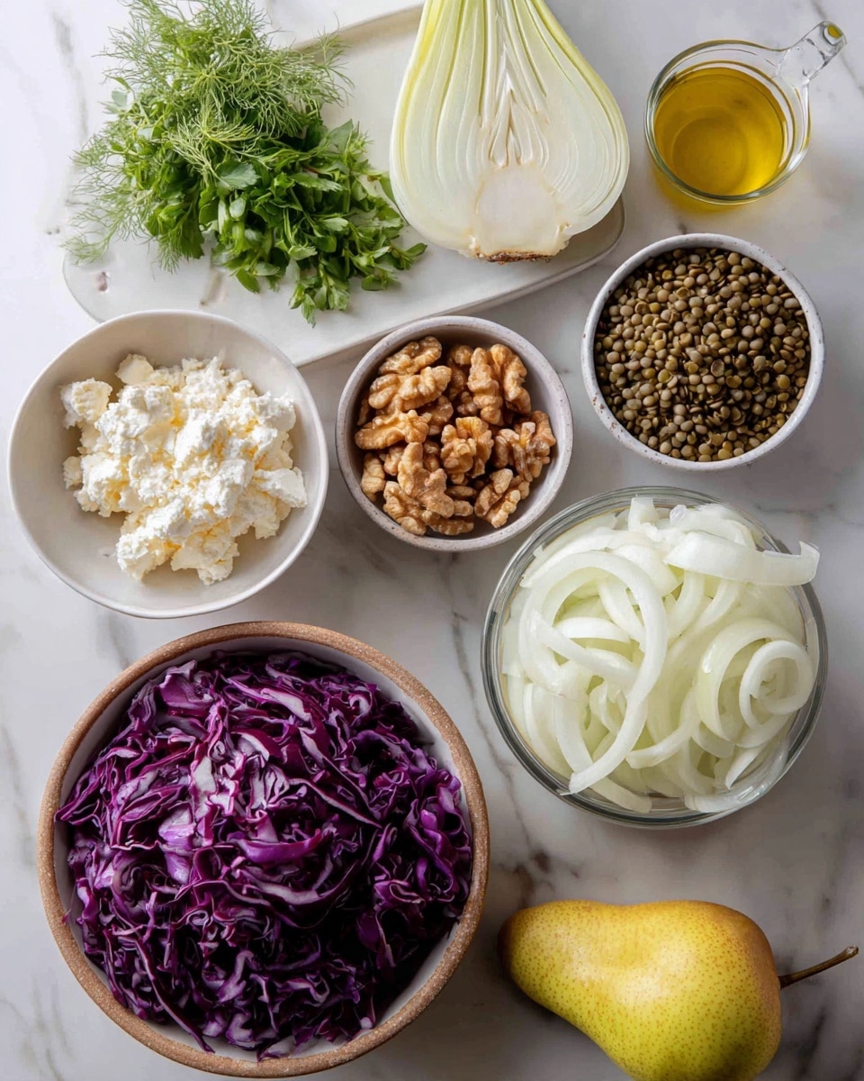 The image shows several glass bowls and containers arranged on a white marbled surface, each holding different ingredients. At the bottom left there is a large bowl filled with dark purple shredded cabbage. To the right of that is a large bowl with thinly sliced white onions. Above those bowls, there are smaller bowls containing whole walnuts, a soft white crumbly cheese, a smooth light brown paste, a pile of brown powder, and cooked green lentils inside a white bowl. Near the top, a halved fennel bulb with visible layers is placed beside a bunch of finely chopped green herbs. A yellow pear and a small measuring cup filled with golden oil complete the layout. photo taken with an iphone --ar 4:5 --v 7