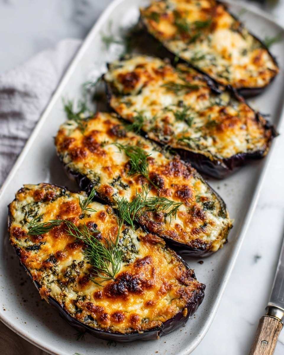 The image shows four grilled purple eggplant halves placed side by side on a long white plate. Each eggplant half has a browned, slightly crispy top layer of melted cheese and herbs, giving a textured look with hints of golden and dark spots. Green dill or similar fresh herbs are sprinkled on top, adding bright green color contrast to the rich purple eggplant skin and browned cheese. The eggplants are neatly arranged on a white marbled surface with part of a woman's hand visible in the background holding a utensil. The lighting is soft and natural, highlighting the smoky and savory details of the dish. photo taken with an iphone --ar 4:5 --v 7