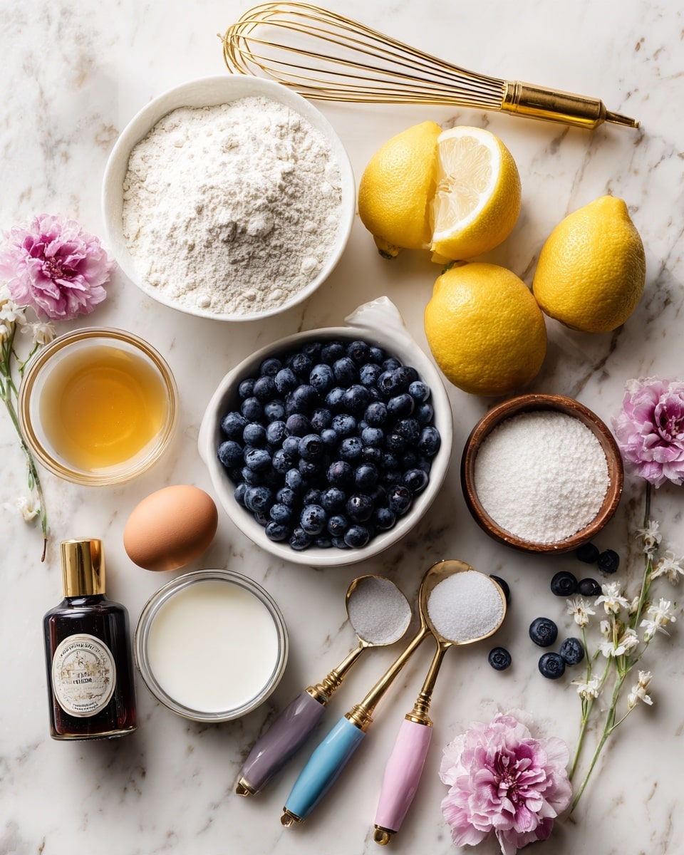 A white marbled surface holds neatly arranged fresh baking ingredients: a white bowl filled with white flour in the center top, next to two yellow lemons, one whole and one halved showing bright, juicy insides; below this, a white bowl full of sugar is placed beside a small glass of golden honey and a glass of white liquid, likely milk or cream. In the middle sits a white cup overflowing with fresh dark blue blueberries, surrounded by loose blueberries scattered on the surface. Two eggs, one brown and one white, are positioned near a wooden bowl of salt. Nearby, a small dark amber bottle of vanilla extract stands beside three measuring spoons containing white baking powder and white powdery ingredients, each with colorful handles in blue and pink. A whisk with a golden handle rests diagonally at the top left, and a delicate pink flower lies just above the ingredients, enhancing the fresh and natural feeling of the scene photo taken with an iphone --ar 4:5 --v 7