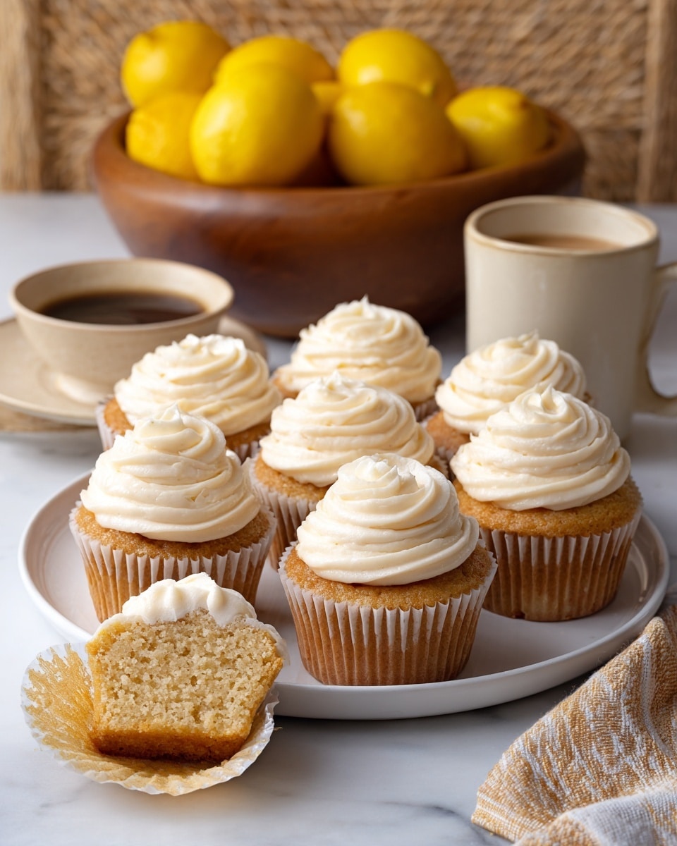 A group of eleven yellow cupcakes with creamy white frosting swirled on top sit on a white plate. One cupcake in the front has its paper wrapper peeled down and a bite taken out, showing the moist crumb inside. The plate is placed on a white marbled surface, next to a beige cup of coffee on the right side. In the background, a woven cloth is partially visible under a wooden bowl filled with bright yellow lemons. Photo taken with an iphone --ar 4:5 --v 7