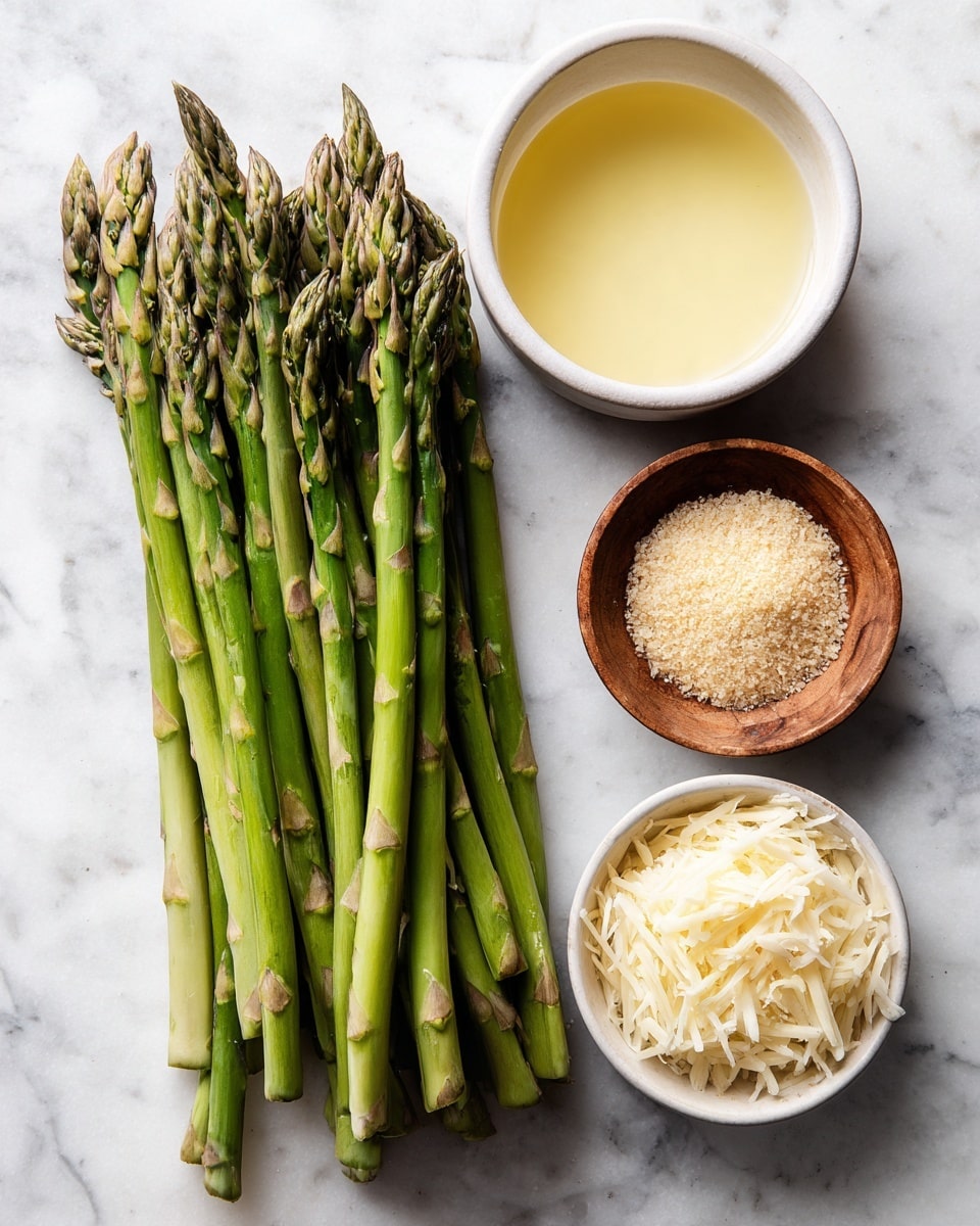 A bunch of fresh green asparagus with tight tips is placed on a white marbled surface, arranged diagonally from bottom left to top right. To the right of the asparagus, three small bowls sit in a vertical line: at the top, a white bowl filled with a light yellow liquid, in the middle, a small wooden bowl holding light brown granules, and at the bottom, a white bowl filled with shredded white cheese. The scene is simple and clean with natural light highlighting the textures. photo taken with an iphone --ar 4:5 --v 7