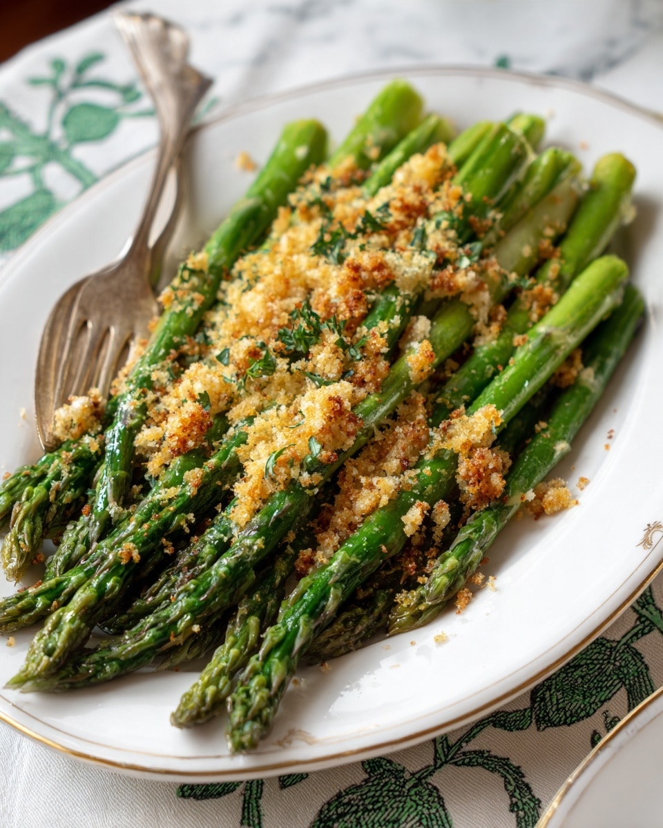 The image shows a white oval plate filled with green asparagus spears arranged side by side. Each spear is topped with a crumbly golden brown coating that looks crunchy, covering the tops and sides unevenly. The plate sits on a white marbled surface, with a vintage silver fork partially visible on the lower left, and a tablecloth with green vine patterns beneath the plate. photo taken with an iphone --ar 4:5 --v 7