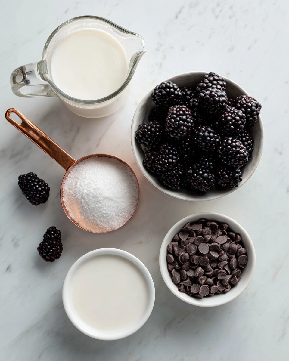 The image shows a top view of several ingredients placed neatly on a white marbled surface. There is a white bowl filled with dark, shiny blackberries on the upper right. Close to the center, a copper measuring cup is full of white granulated sugar. Nearby are scattered a few loose blackberries. To the top left, a glass pitcher contains white cream or milk, and below it is a small white bowl filled with more cream or milk. On the lower left side, there is a small white container holding dark brown vanilla or syrup, and next to it at the bottom center is another white bowl filled with small dark chocolate chips. All items are spaced well, showing clear textures of each ingredient. photo taken with an iphone --ar 4:5 --v 7