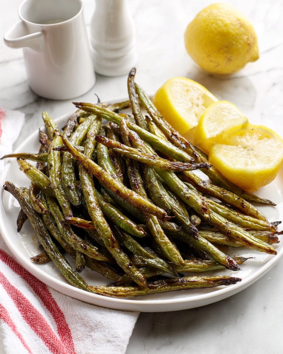 A white plate holds a pile of cooked green beans that are browned in spots, showing a slightly wrinkled texture with a shiny coating likely from oil or seasoning. On top of the green beans, there are three bright yellow lemon wedges placed on the right side. The plate rests on a white marbled surface, next to a white pepper grinder and a white cloth with red stripes. Photo taken with an iphone --ar 4:5 --v 7