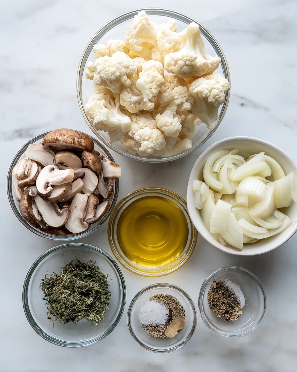 The image shows six small bowls arranged on a white marbled surface. At the top is a clear glass bowl filled with off-white cauliflower pieces, with their rough texture visible. To the left, another clear glass bowl holds sliced brown mushrooms, showing light and dark brown caps and white stems. To the right is a white bowl filled with sliced onion pieces that are pale and slightly translucent. Below, three small clear glass bowls contain fresh green herb leaves, golden yellow olive oil, and white salt mixed with black pepper. The scene is bright and clean, with natural lighting. Photo taken with an iphone --ar 4:5 --v 7