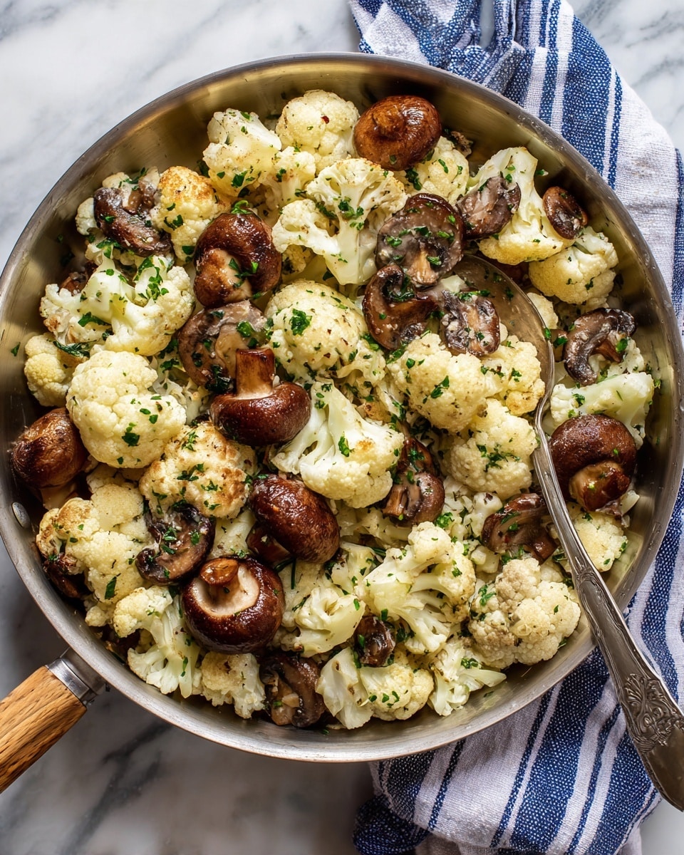 A large round pan filled with cooked cauliflower pieces and whole mushrooms, both browned and seasoned with green herbs scattered throughout. The cauliflower is creamy white with slightly soft edges, and the mushrooms have a rich, deep brown color with a smooth, shiny surface. A silver spoon rests inside the pan, partially lifting some of the vegetables. The pan is placed on a white marbled surface with a blue and white striped cloth next to it. Photo taken with an iphone --ar 4:5 --v 7