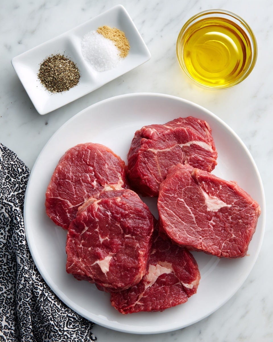 A white round plate on a white marbled surface holds four raw beef steaks arranged close together, showing deep red color with visible white marbling. Above the plate to the left, a small white square dish contains three piles of seasonings: black pepper, garlic powder, and salt, each with distinct color and texture. To the right of the plate, there is a clear glass filled with yellow cooking oil. A black and white patterned cloth lies partially visible in the bottom left corner. Photo taken with an iphone --ar 4:5 --v 7