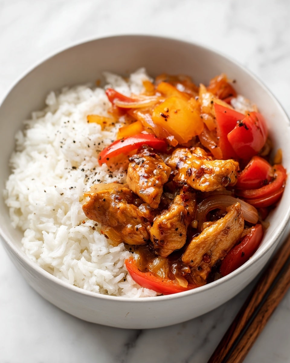A bowl with three layers: the base layer has plain white rice with a soft, loose texture. On top, there are chunky pieces of cooked onion and bright red bell pepper, both slightly shiny and tender. The top layer has several pieces of cooked chicken coated in a brown sauce with visible black pepper specks, giving it a glossy, slightly thick look. The bowl is white and rests on a white marbled surface, with wooden chopsticks placed on the right side. Photo taken with an iphone --ar 4:5 --v 7