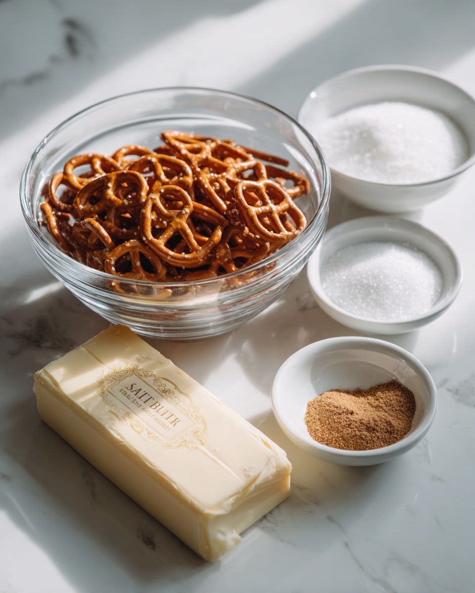 A clear glass measuring cup filled with small salted pretzels sits on a white marbled surface. In front of it is a stick of salted butter in its paper wrapper, showing the label clearly. To the right, there are two small white bowls; one is filled with white sugar, and the other has a small pile of ground cinnamon powder. The scene is bright and clean with soft natural light, showing the textures of the pretzels and the smoothness of the butter and bowls, photo taken with an iphone --ar 4:5 --v 7