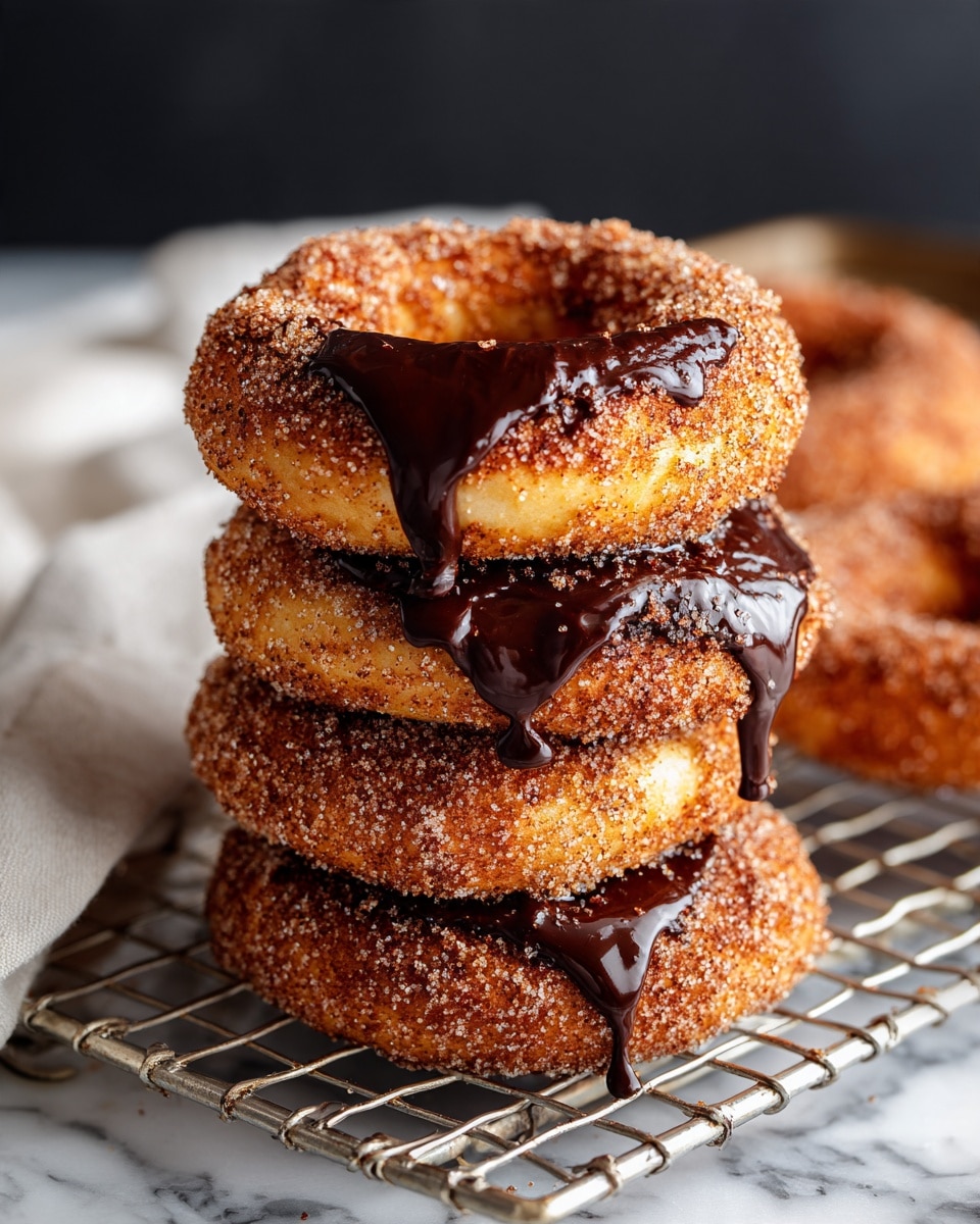 The image shows a close-up of three cinnamon sugar-coated pretzels stacked on a metal wire rack. The top pretzel, golden brown with a rough texture from the cinnamon sugar, has one side covered in dark, glossy melted chocolate that drips slightly over the edge. The other pretzels beneath it are similarly coated with cinnamon sugar, showing a crunchy, textured surface. The background is dark, with an out-of-focus baking tray and a white cloth seen beneath the rack, all set against a white marbled surface. Photo taken with an iphone --ar 4:5 --v 7