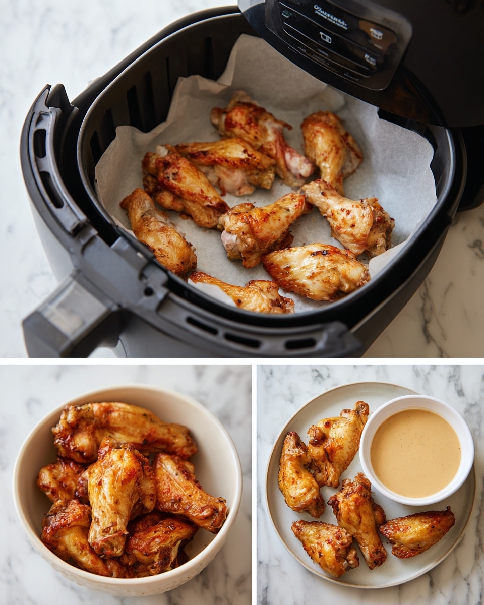 The image shows three scenes of a cooking process with chicken pieces. In the top scene, uncooked chicken pieces with light pink and white skin are placed on white parchment paper inside a black air fryer basket. In the bottom left scene, the cooked chicken pieces are golden brown and crispy, stacked in a white bowl next to a smaller white bowl filled with creamy brown sauce. In the bottom right scene, the golden brown chicken pieces are arranged around a white bowl with a creamy white dipping sauce, all placed on a white marbled surface. Photo taken with an iphone --ar 4:5 --v 7