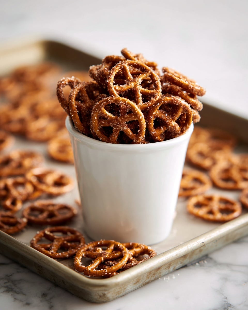 A tall white cup filled with small pretzels covered in a brown sugar and cinnamon coating, piled high inside the cup, with more of the coated pretzels spread thinly on a baking tray in the background, all set on a white marbled surface photo taken with an iphone --ar 4:5 --v 7