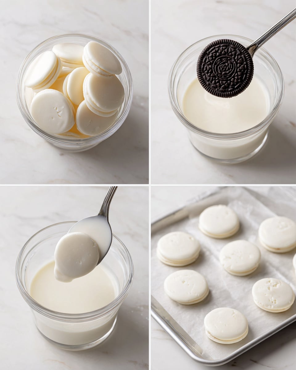 The image is divided into four small photos showing steps of making a white chocolate covered Oreo treat. The top left photo shows a clear glass cup filled with many flat, round white chocolate disks, smooth and shiny. The top right photo shows a single Oreo cookie placed in the bottom of a clear glass cup filled halfway with melted white chocolate, which is creamy and thick. The bottom left photo shows a spoon lifting an Oreo cookie fully covered in white chocolate, the coating thick and smooth, with the cookie hidden under it; a few Oreo cookies lie on the white marbled surface near the cup. The bottom right photo shows a baking tray on the white marbled surface with six white chocolate covered Oreos arranged in two rows; the coating is smooth and round but has light cracks on top on some cookies. photo taken with an iphone --ar 4:5 --v 7