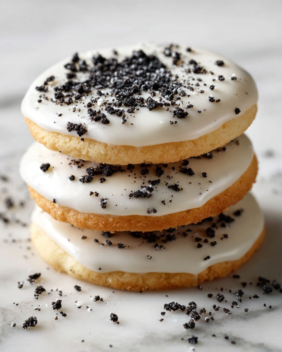 A stack of three round cookies covered in smooth white icing, each cookie layer evenly coated and slightly thick. The top cookie has crushed small black and white cookie crumbs sprinkled over its surface, with some of the crumbs scattered around the base on a white marbled surface. The icing is glossy and smooth, and the cookies look soft underneath. photo taken with an iphone --ar 4:5 --v 7