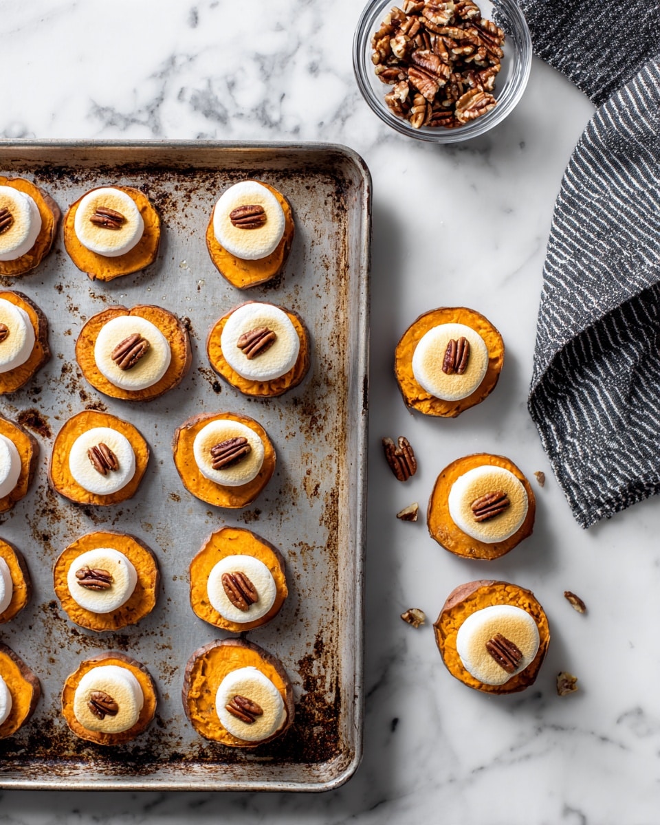 The image shows two side-by-side views of a metal baking tray with small stacked snacks. Each snack has two layers: the bottom layer is a round sweet potato slice with a bright orange color and a slightly crispy edge, and the top layer is a thick white marshmallow. In the right image, the marshmallows are toasted golden brown on top, and each has a single whole pecan placed in the center. The tray is set on a white marbled surface with a small clear bowl of pecans and a black and white striped cloth nearby. The tray has some brown baked marks scattered across its surface. photo taken with an iphone --ar 4:5 --v 7