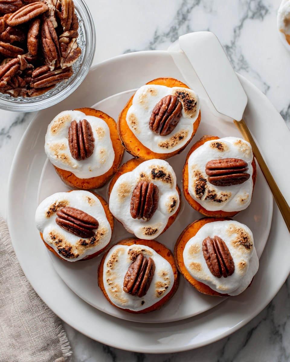 A white plate holds eight round sweet potato slices, each topped with one thick, lightly browned layer of melted marshmallow, showing soft and fluffy texture with some toasted spots. Each marshmallow layer is centered with a whole pecan half, creating a neat brown contrast against the white marshmallow and orange sweet potato. Underneath, the sweet potato slices have a smooth, soft orange color. The plate rests on a white marbled surface, with a clear glass bowl filled with more pecans visible at the top left. A white spatula under one sweet potato piece adds a slight shine and softness to the scene. Photo taken with an iphone --ar 4:5 --v 7
