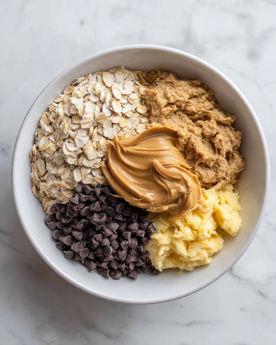 A white bowl placed on a white marbled surface holds four distinct sections of ingredients. One large section is filled with light tan oats, showing a rough and flaky texture. Next to it is a smooth, slightly shiny dollop of creamy peanut butter in a light brown color. Surrounding the peanut butter are small chunks of mashed yellow banana, soft and uneven in texture. The last section contains dark brown chocolate chips, shiny with a slight matte finish, forming a small pile near the peanut butter. photo taken with an iphone --ar 4:5 --v 7
