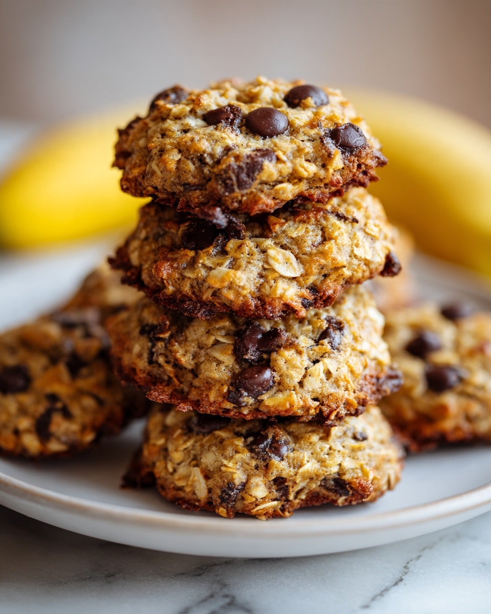 A close-up view of a pile of small round oatmeal cookies with visible oats and small dark chocolate chips, stacked on a white plate. The cookies have a rough texture with oats sticking out unevenly on the surface, giving a chunky and homemade look. The plate sits on a white marbled surface, and there is a blurred banana in the background. The lighting is soft and natural, highlighting the golden brown color of the cookies. photo taken with an iphone --ar 4:5 --v 7